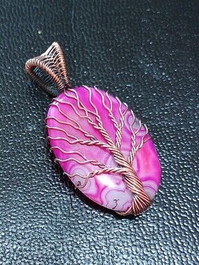 Copper Wrapped Tree Of Life Natural Vibrant Botswana Pink Agate Pendant